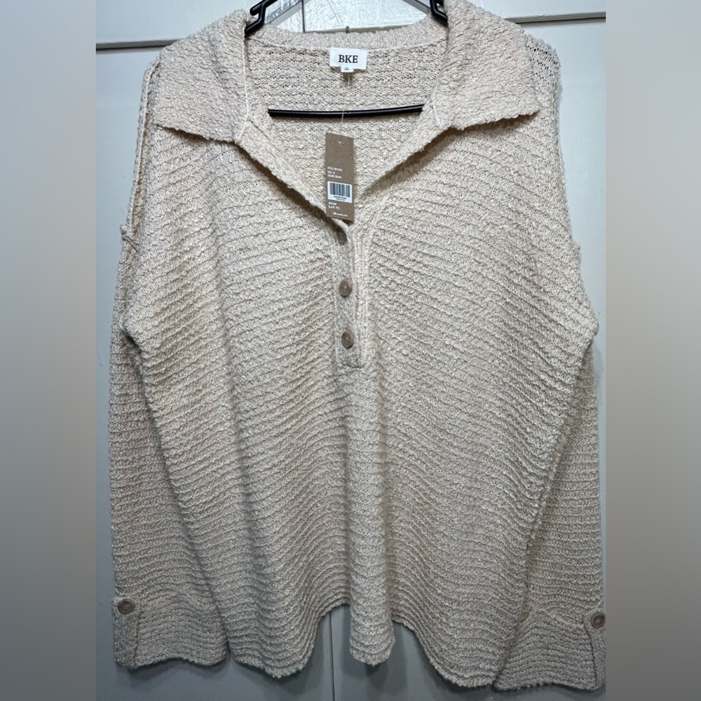 NWT BKE Buckle Collared Henley 1/4 Button Down Cream Knit Sweater - Size Medium